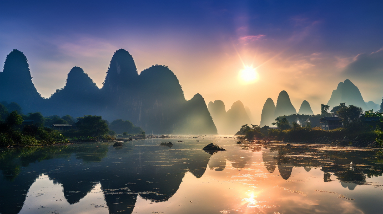 明仕田園：“小桂林”山水畫卷，喀斯特峰林倒映明仕河。竹筏輕泛，兩岸稻田翠竹，壯鄉民居點綴。田園牧歌，寧靜悠然，是遠離喧囂的世外桃源。