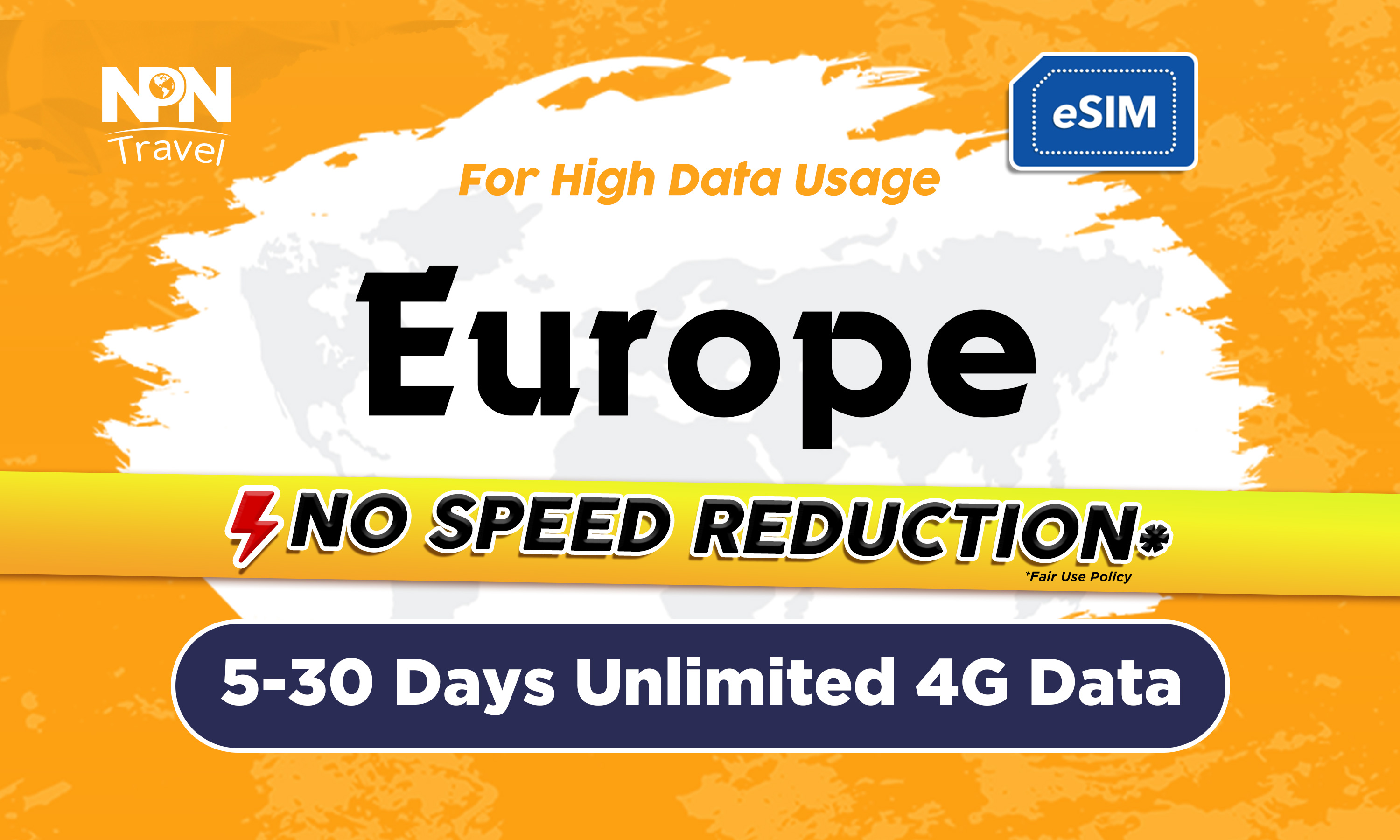 歐洲43個國家 / 地區5 - 30天無限流量4G eSIM上網卡（500MB / 1GB / 2GB）
