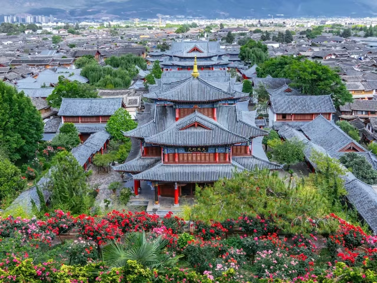 高空航拍視角下，木府建築群如明珠嵌於麗江古城核心。天威樓居中統領，多重飛簷錯落有致，盡顯 “麗江紫禁城” 的恢弘格局