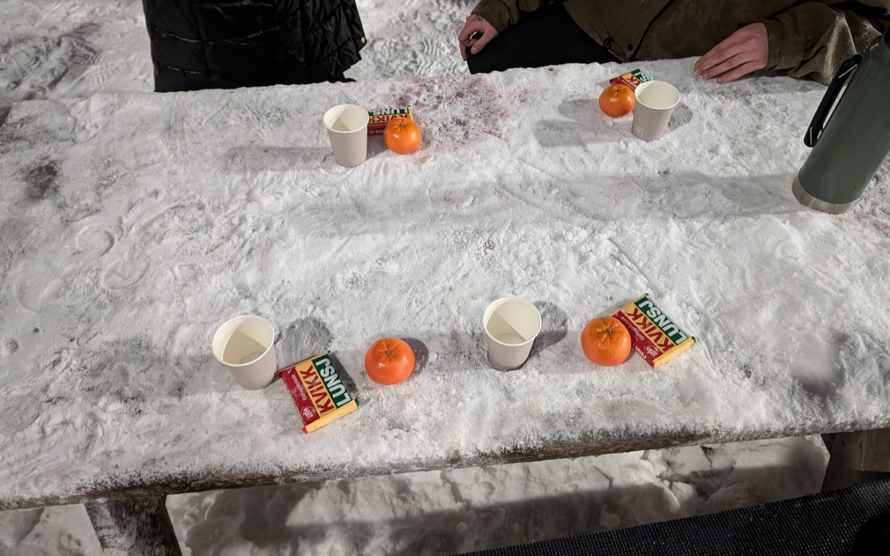 Enjoying a classic Kvikk Lunsj break on this snowy winter adventure