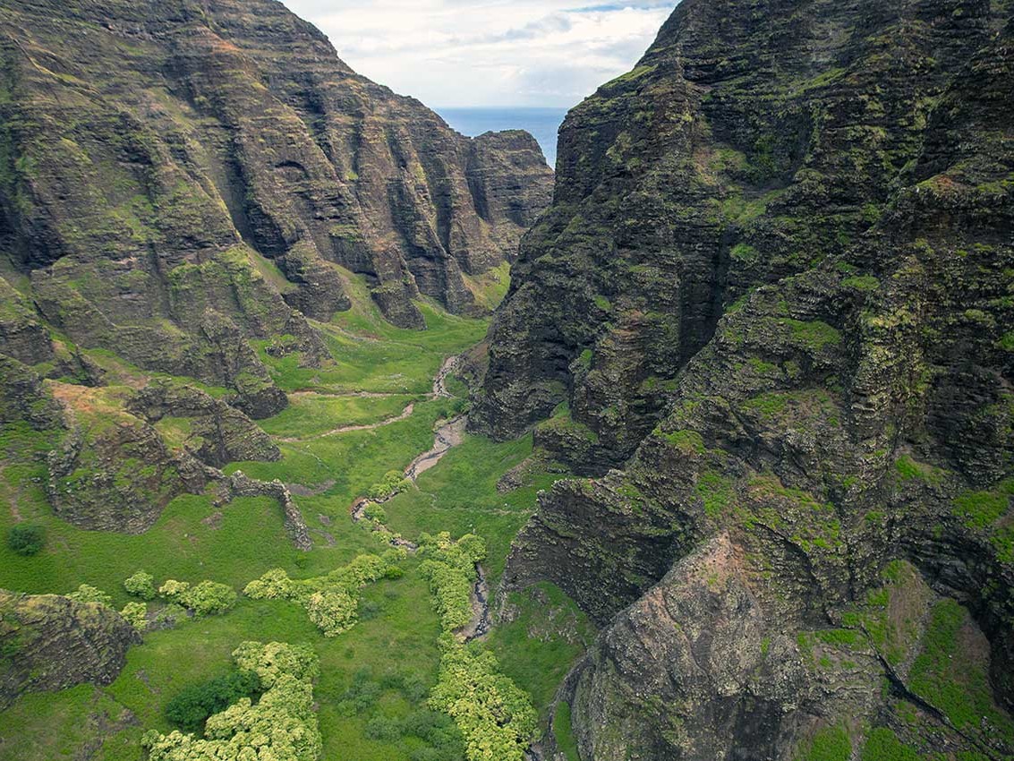 Soar above Kauai's lush green landscapes, revealing nature's untouched beauty from above