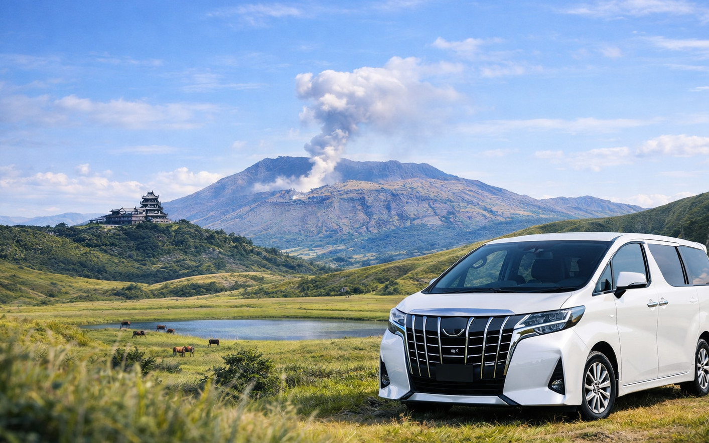 (Fukuoka Departure) Kumamoto Private Car Charter Day Tour | Kumamoto Castle, Suizenji Jojuen Garden, Kumamoto Bear Square, Mount Aso, Kusasenri, Kamishikimi Kumanoza Shrine, Aso Shrine, Shirakawa Suigen, Daikanbo | Private Customized Tour