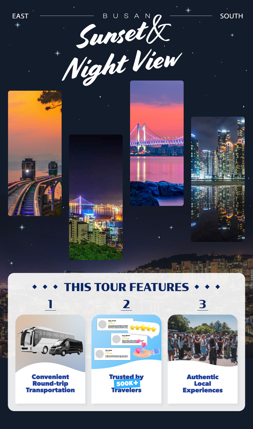 體驗釜山日落時分的魔力，當城市燈火璀璨時——加入我們的旅行，探索城中最佳的日落和夜景觀賞點！