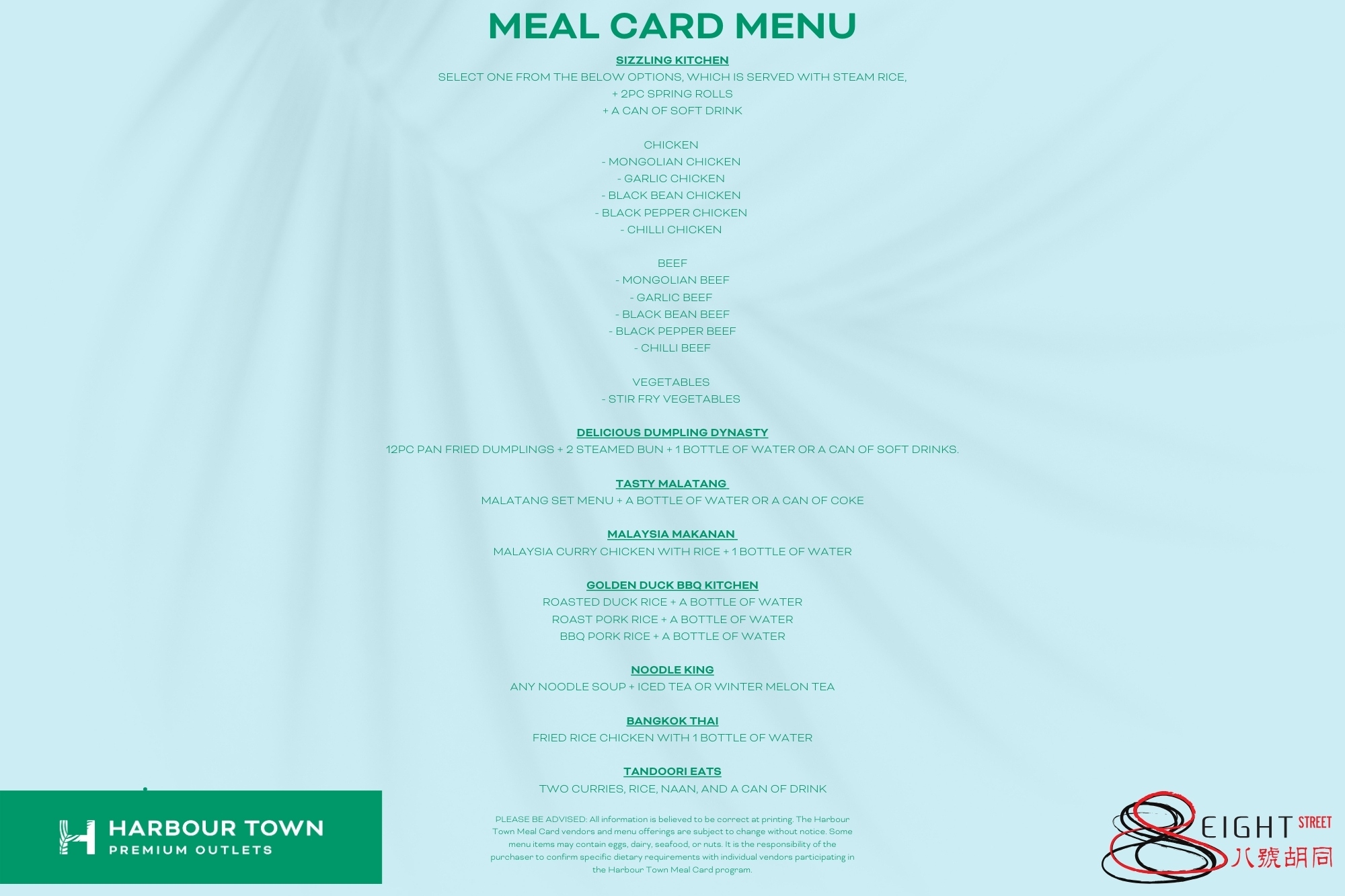 Meal card menu in English