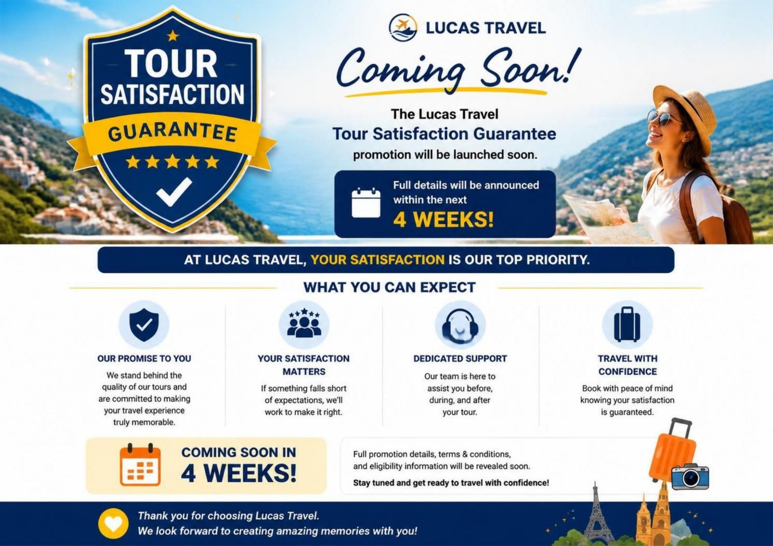 Lucas Travel 體驗滿意度保證活動即將推出。完整詳情將於未來 4 週內公佈!
Lucas Travel 體驗滿意度保證活動即將推出。完整詳情將於未來 4 週內公佈!