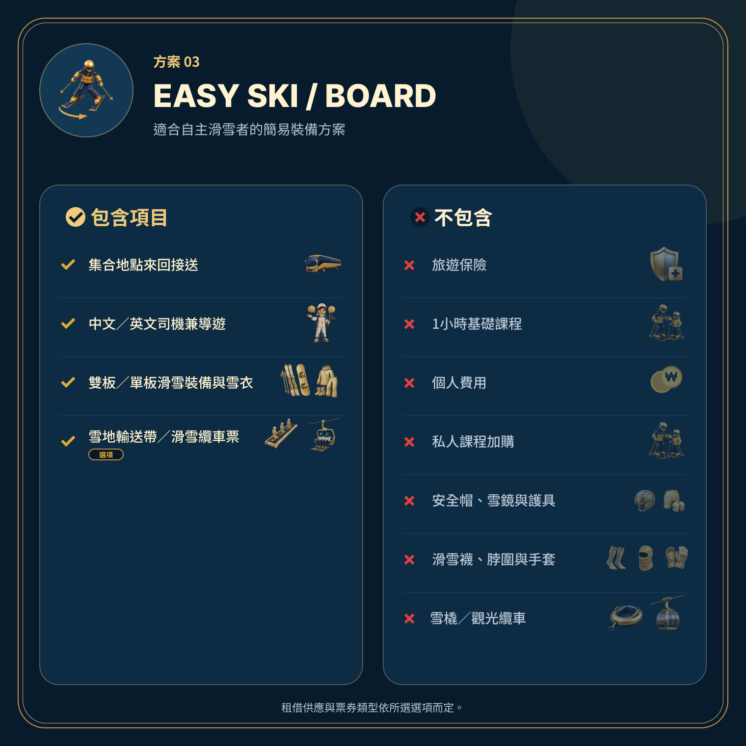 Easy Ski or Board 方案適合自主練習者,包含接送、租借裝備、雪衣與雪票選項。 Easy Ski or Board 方案適合自主練習者,包含接送、租借裝備、雪衣與雪票選項。