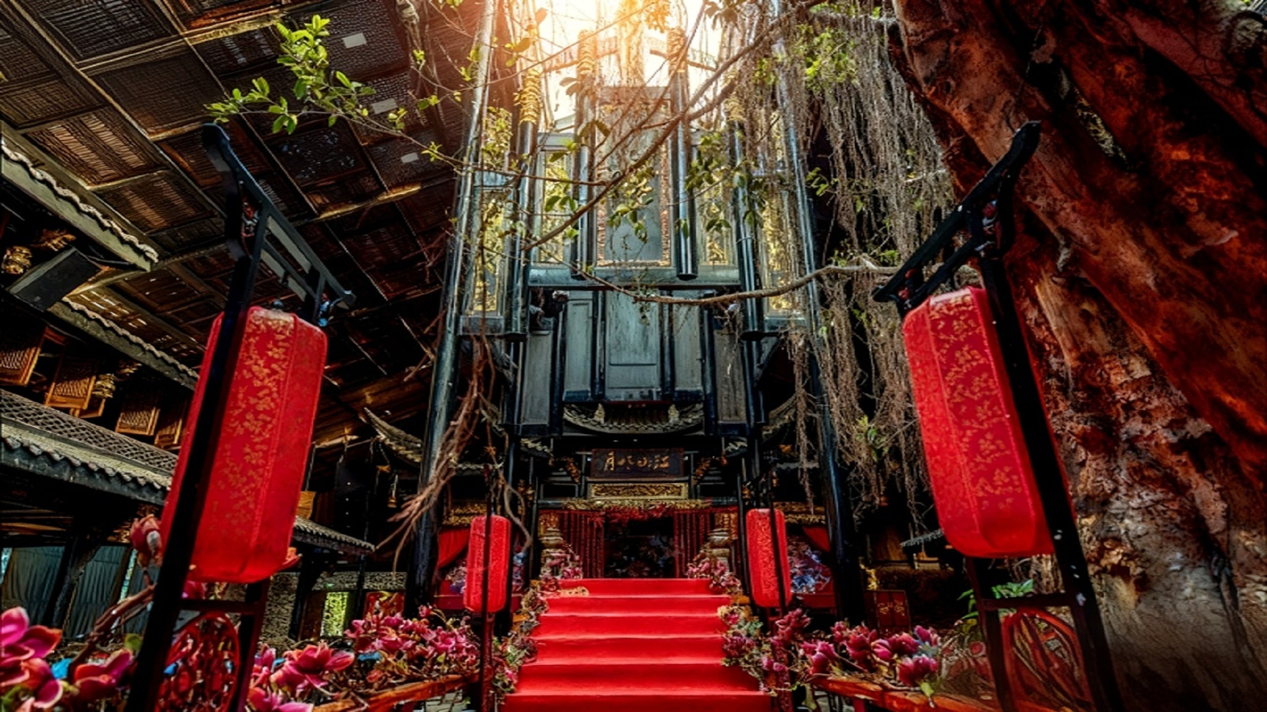中式庭院內，紅綢鋪就的階梯通向古色古香的建築，兩側紅燈籠與繁花相映成趣，參天古樹的藤蔓垂落其間，陽光透過枝葉灑落，營造出既莊重又充滿自然野趣的獨特空間