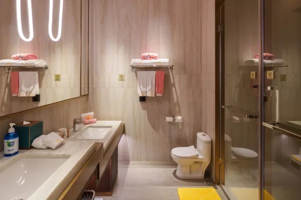Hotel guest room bathing area environment display map