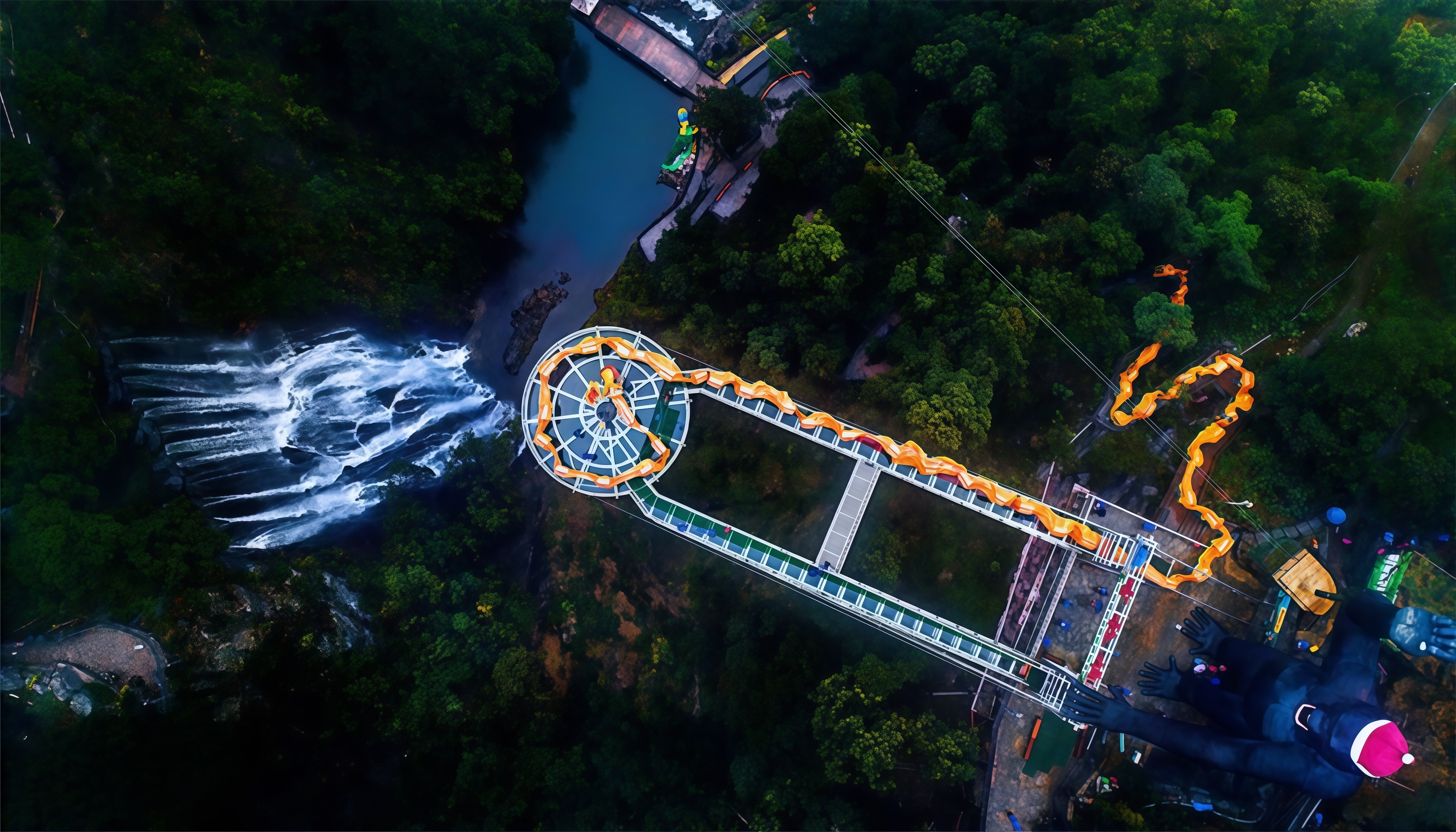 雲天玻霸：UFO玻璃平臺全長302米，以72米懸空跨度創世界最長紀錄；玻璃吊橋寬6.8米，配備5D破碎特效，行走其間驚險刺激[2][6]。三層6公分超白玻璃透光率99.15%，視野通透如踏雲端。