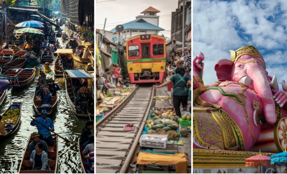 Damnoen Saduak Floating Market with Rowing Boat Ride + Train Ride at Maeklong Railway Market + Pink Ganesha by Panda Bus (LMK2P)