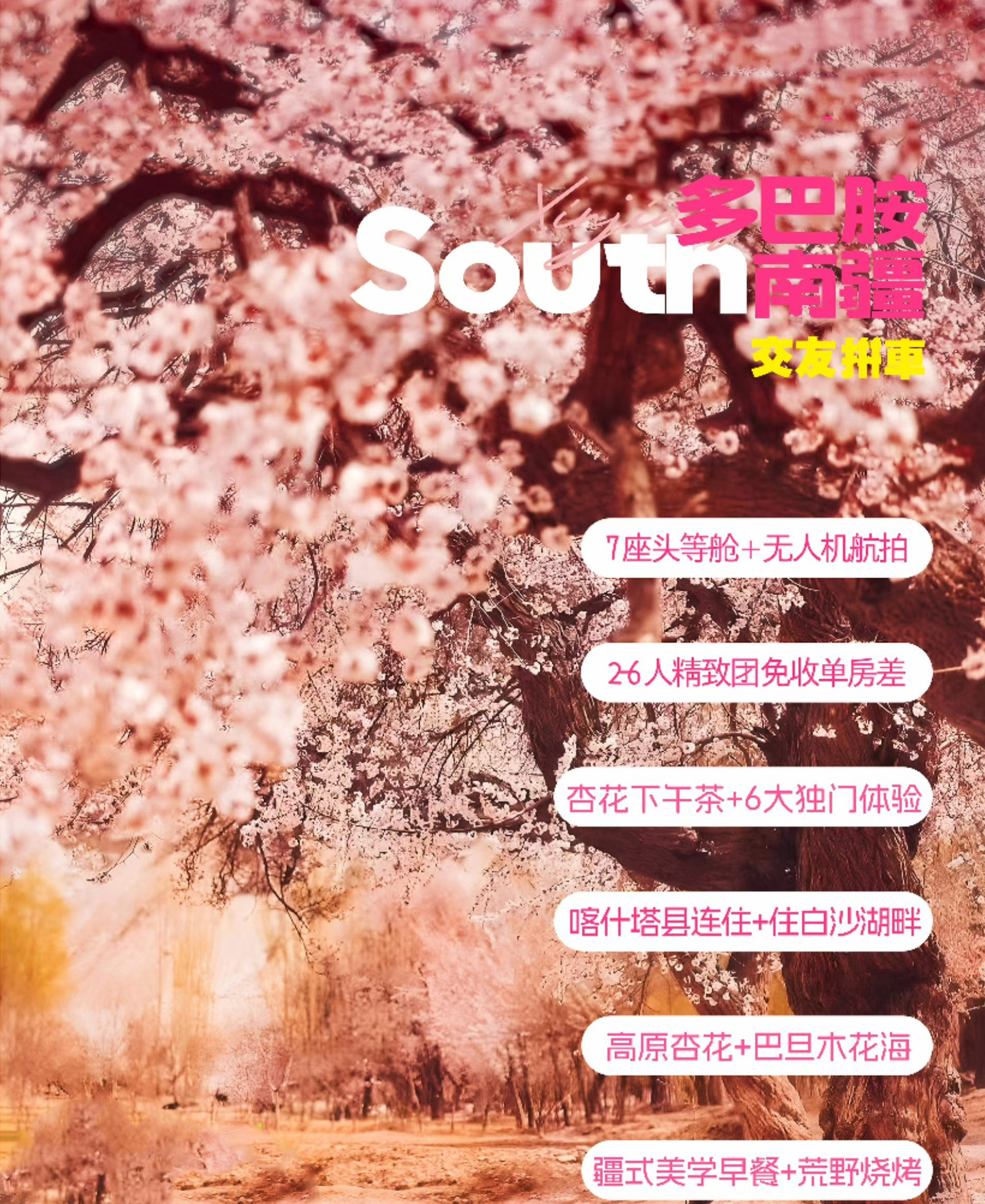 7-day apricot blossom tour of the Pamir Plateau in Kashgar, Southern Xinjiang, with a small group of 6 people.