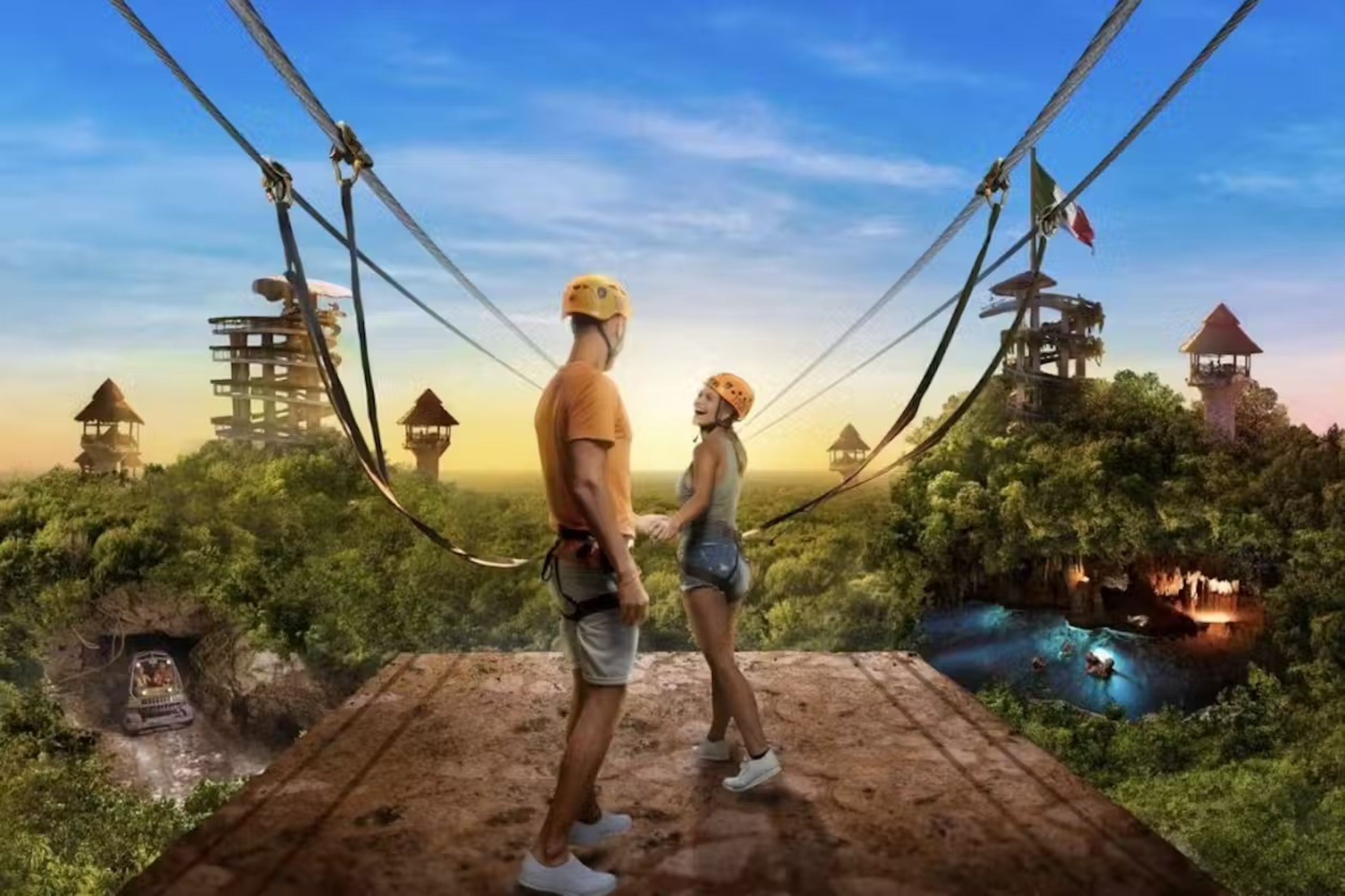 A couple gears up for an adrenaline-pumping zipline ride at Xplor Park