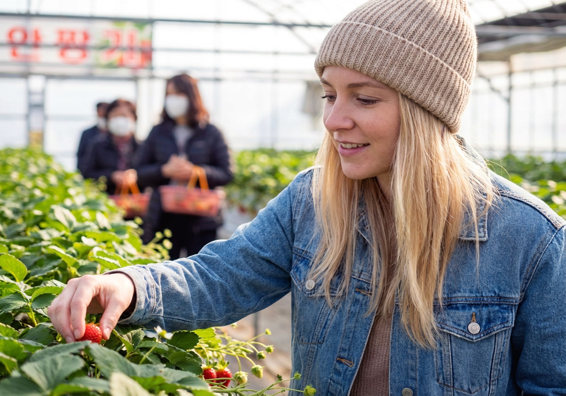 分享採摘韓國著名的甜美冬季草莓的愉悅時刻。