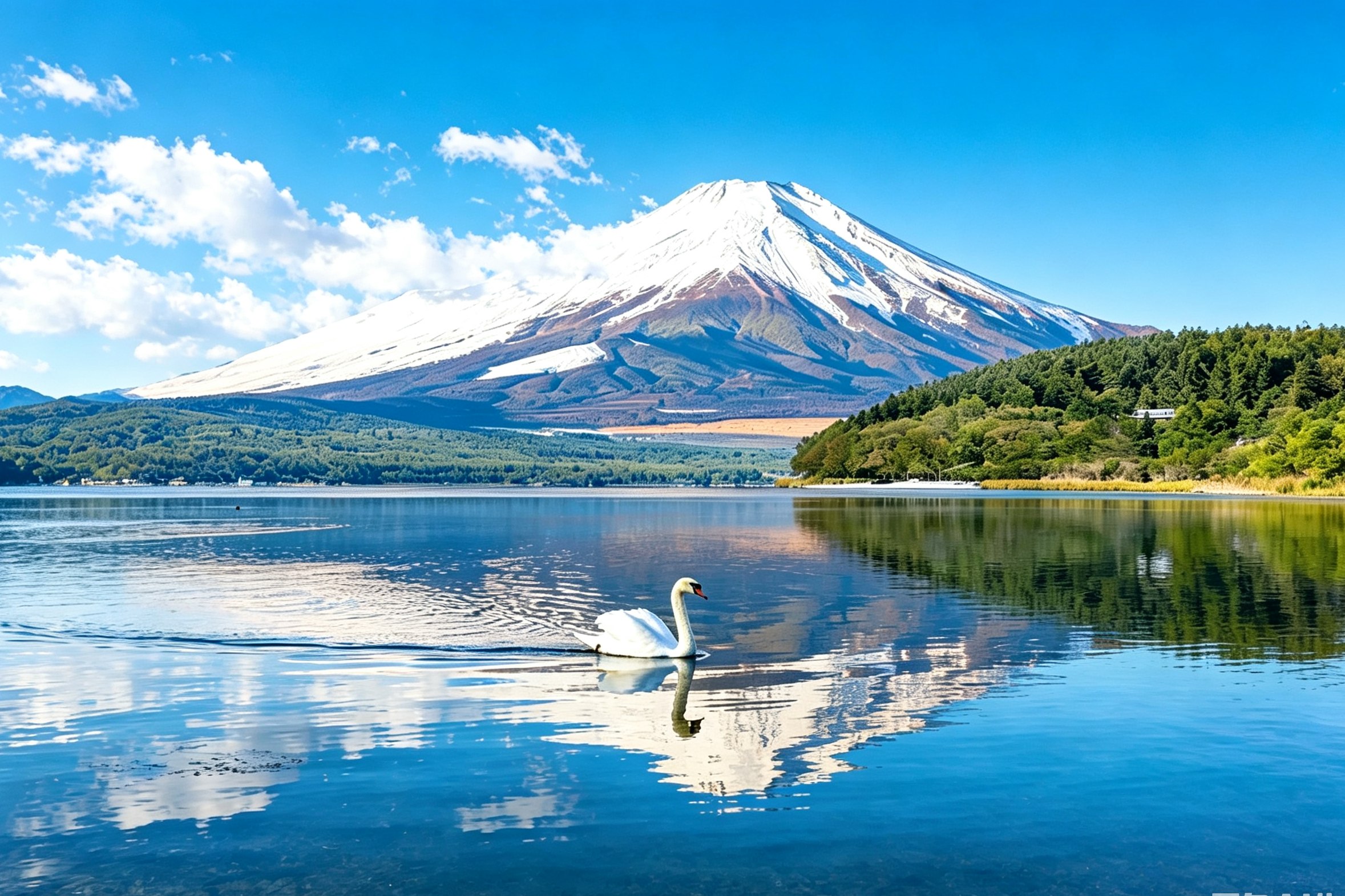 在富士五湖之一的山中湖邊，與白色天鵝親密接觸，湖水倒映著天空與山影，畫面溫柔動人。