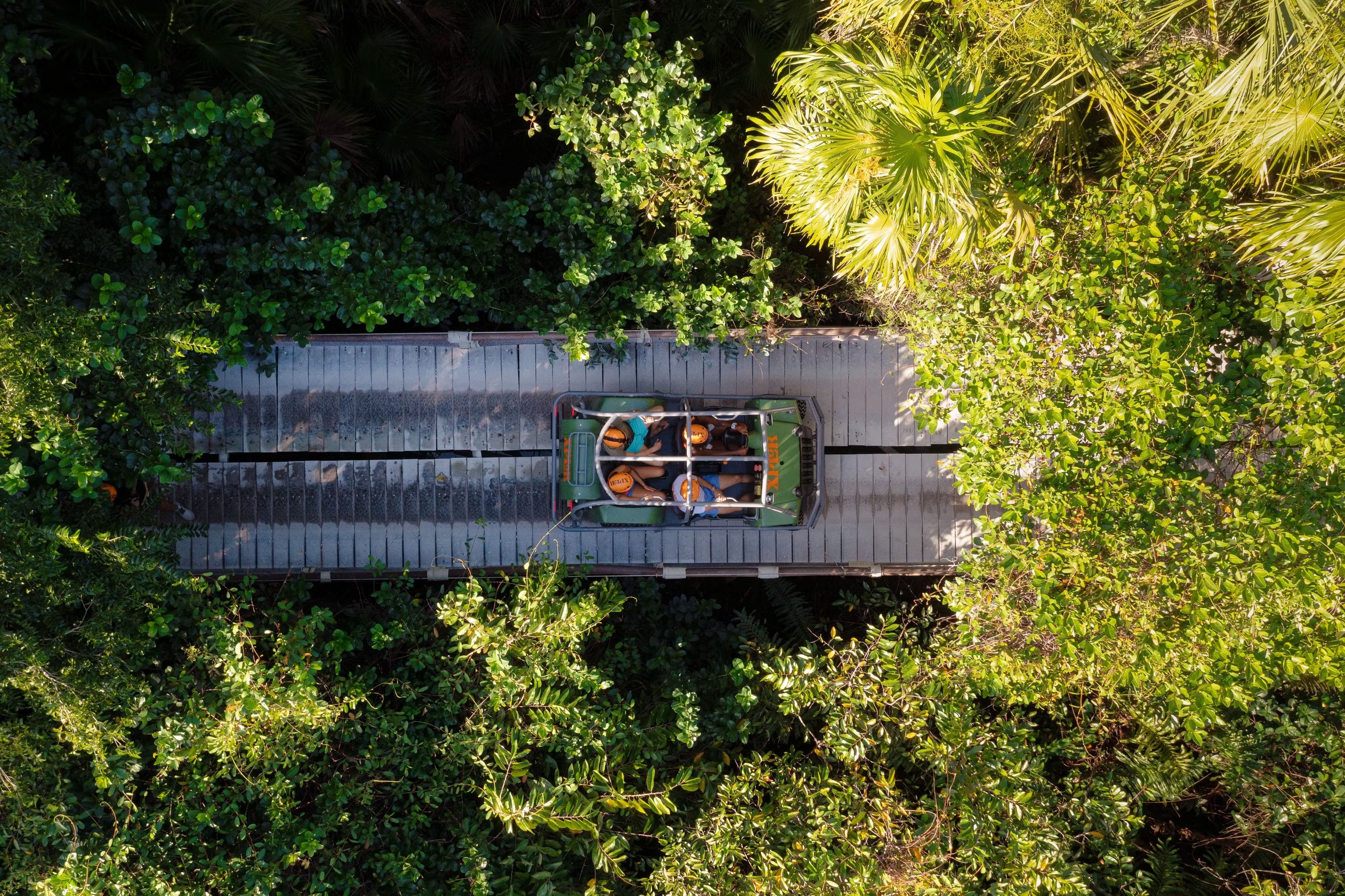 An amphibious vehicle winds through lush jungle trails on a thrilling Xplor adventure