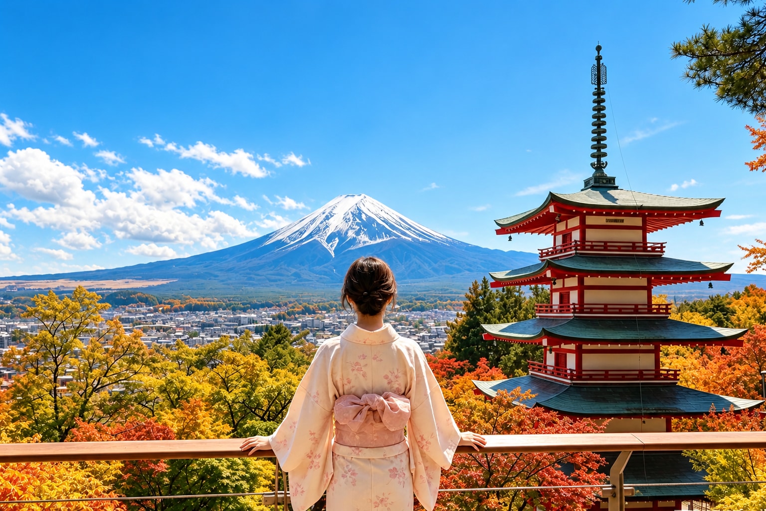 新倉山公園抬頭就能拍到經典日式景緻與雪頂山峰同框，每個角度都像明信片，晴天、傍晚都美得耐看。