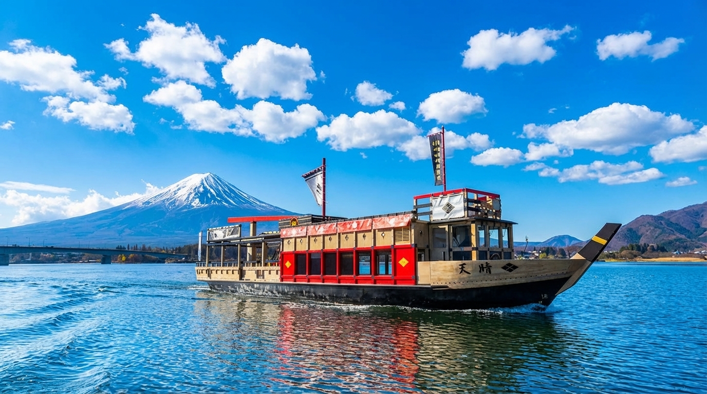 搭乘河口湖觀光遊船 ，晴天 360° 直面富士山全景，邂逅絕美逆富士倒影。