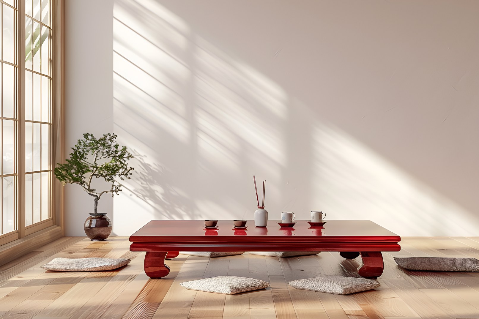 A quiet morning corner in Hongdae, Seoul.  Floor cushions, a traditional Korean low table,  and four seats waiting. Max 4 guests per session.