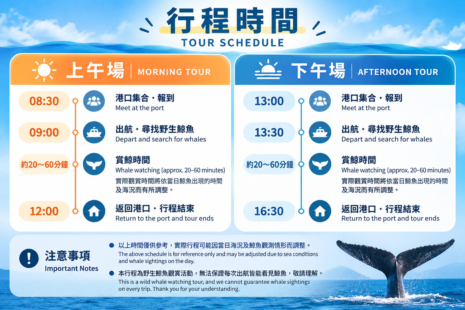 【賞鯨行程時間表】以上時間僅供參考，實際行程可能因當日海況及鯨魚觀測情形而調整。