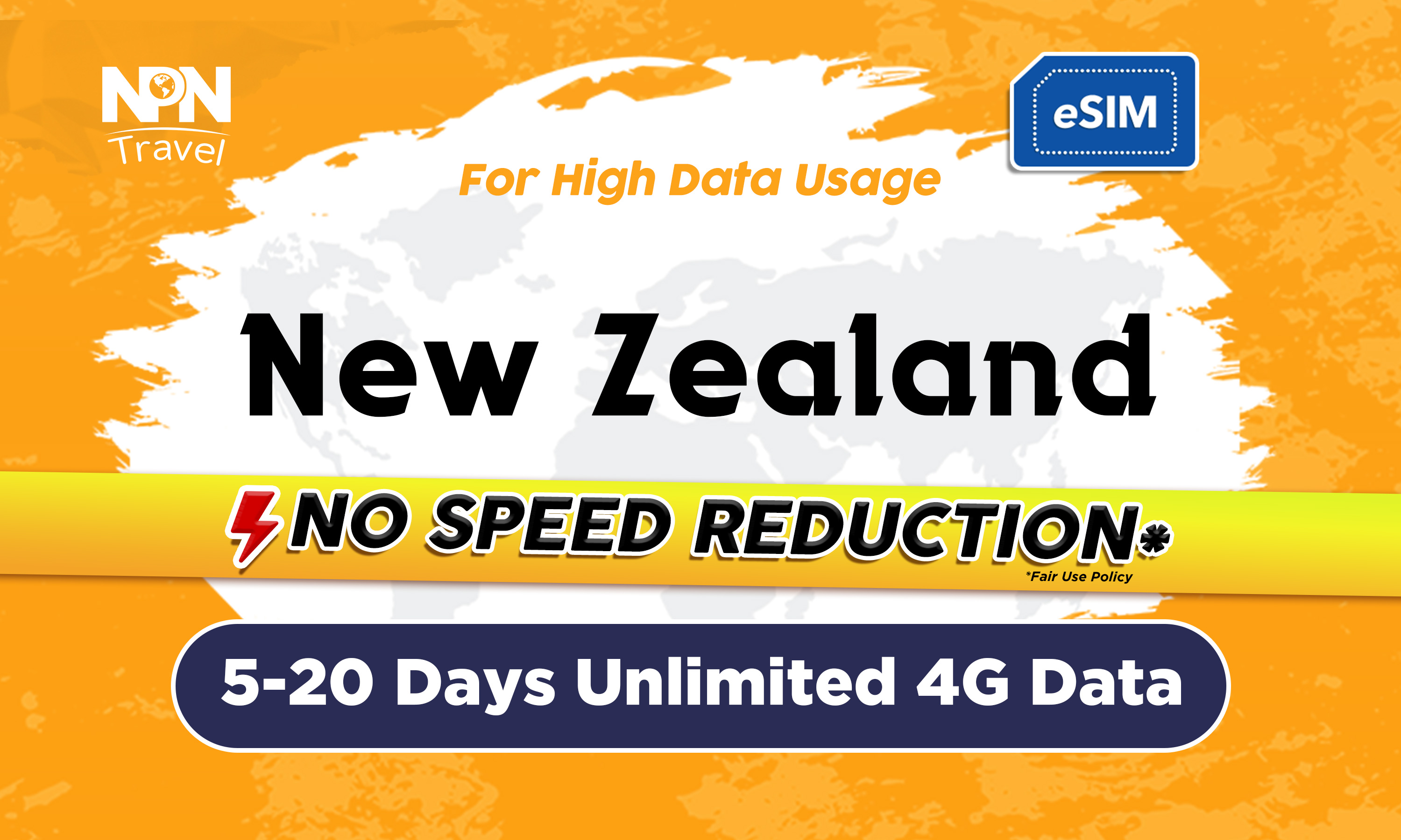 新西蘭5 - 20天無限流量4G eSIM上網卡（500MB / 1GB / 2GB）