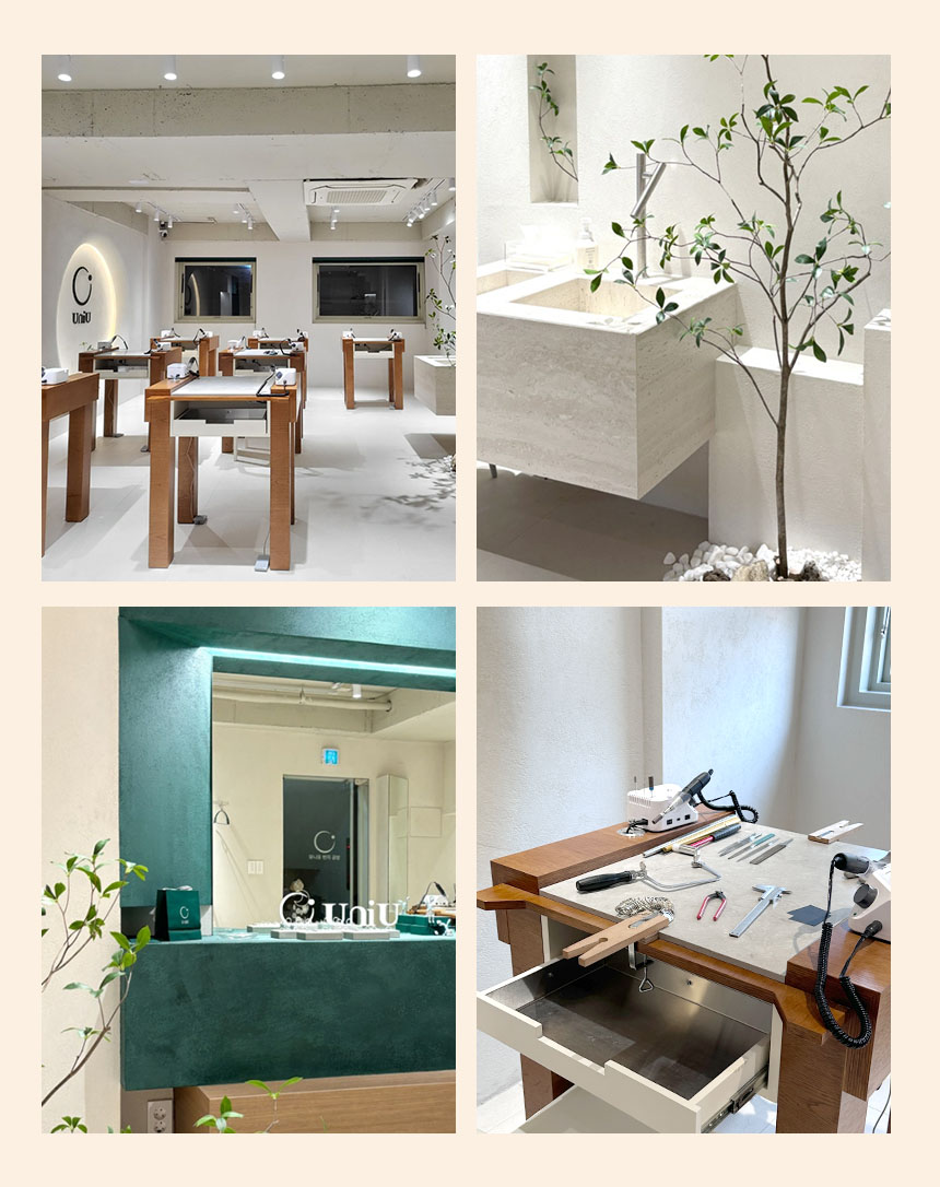 The interior of UNIU Seongsu branch is clean and well-organized, providing a pleasant and comfortable space where you can sit across from each other and create your rings together.