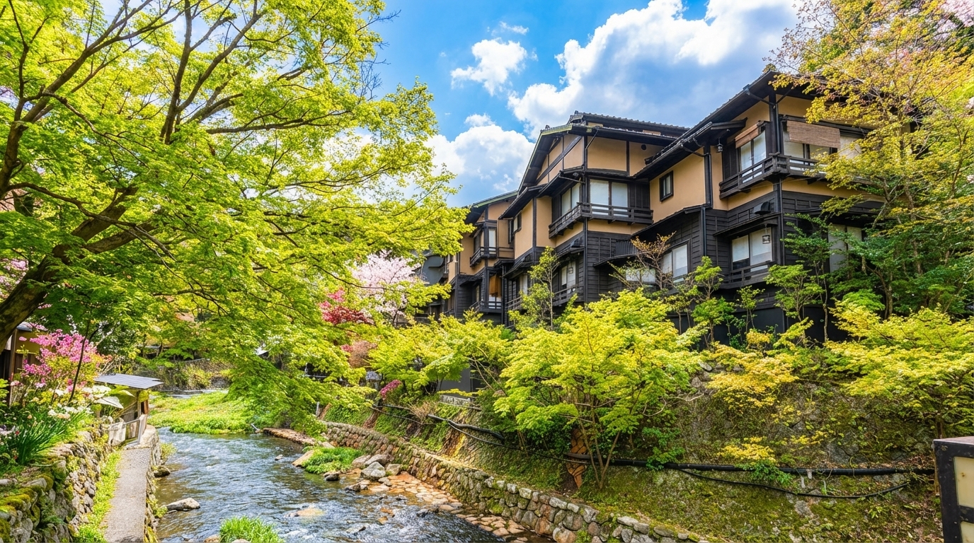 黑川溫泉擁有300年曆史的傳統溫泉鄉,石板小路沿溪流蜿蜒,木造旅館鱗次櫛比,湯菸繚繞間充滿古樸風情 黑川溫泉擁有300年曆史的傳統溫泉鄉,石板小路沿溪流蜿蜒,木造旅館鱗次櫛比,湯菸繚繞間充滿古樸風情