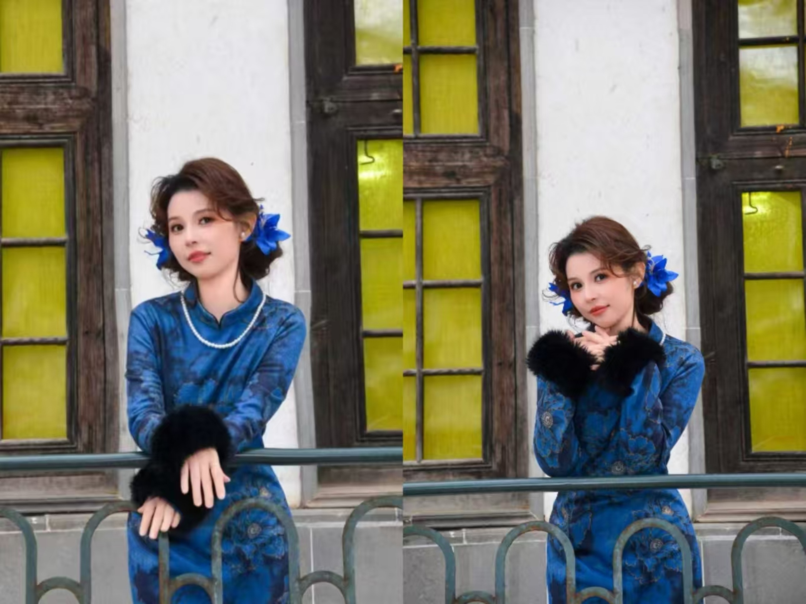 寶藍色暗紋旗袍配珍珠項鍊,髮間點綴藍花髮飾,黑色毛絨袖套增添復古貴氣 寶藍色暗紋旗袍配珍珠項鍊,髮間點綴藍花髮飾,黑色毛絨袖套增添復古貴氣