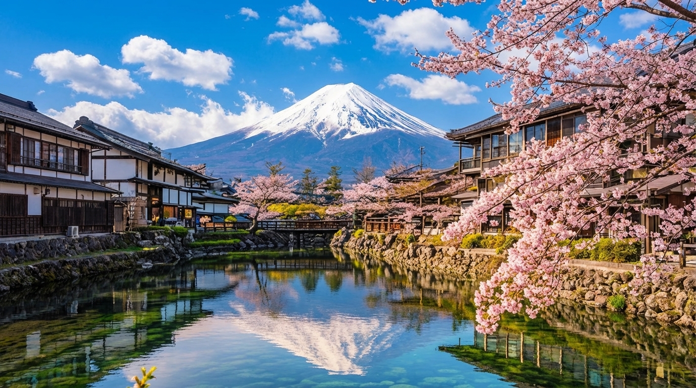 天氣晴朗時，富士山倒映在平靜湖面上，彷彿一幅天然山水畫。