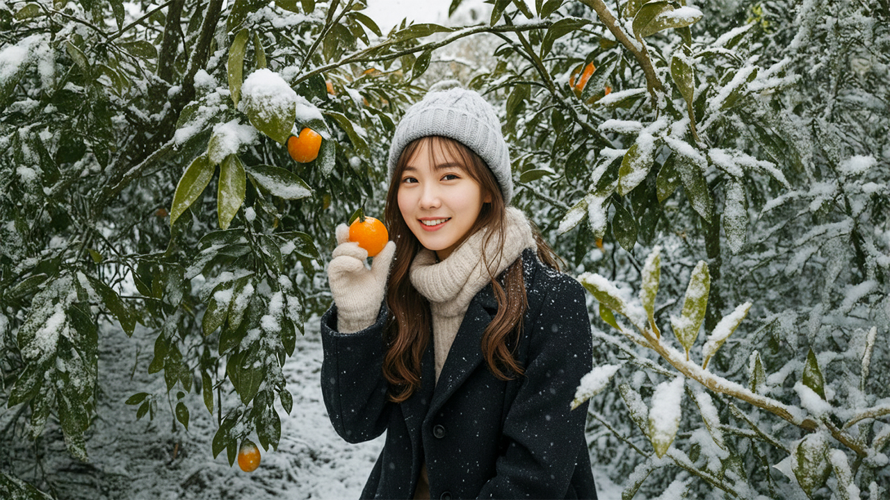 在溫馨的冬季景緻中，親手採摘香甜的濟州橘子，為寒冷的季節帶來一絲暖意。