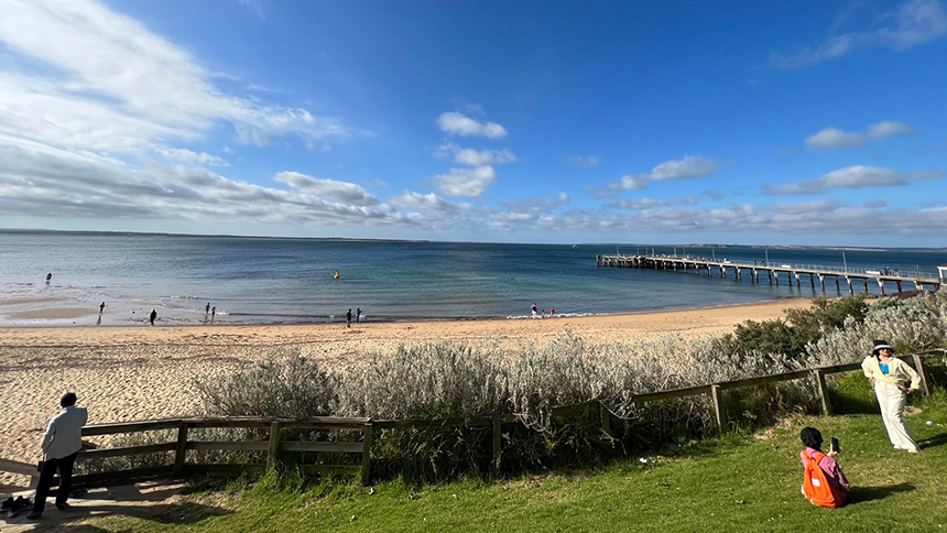 Sunny day at the beach with a scenic pier view