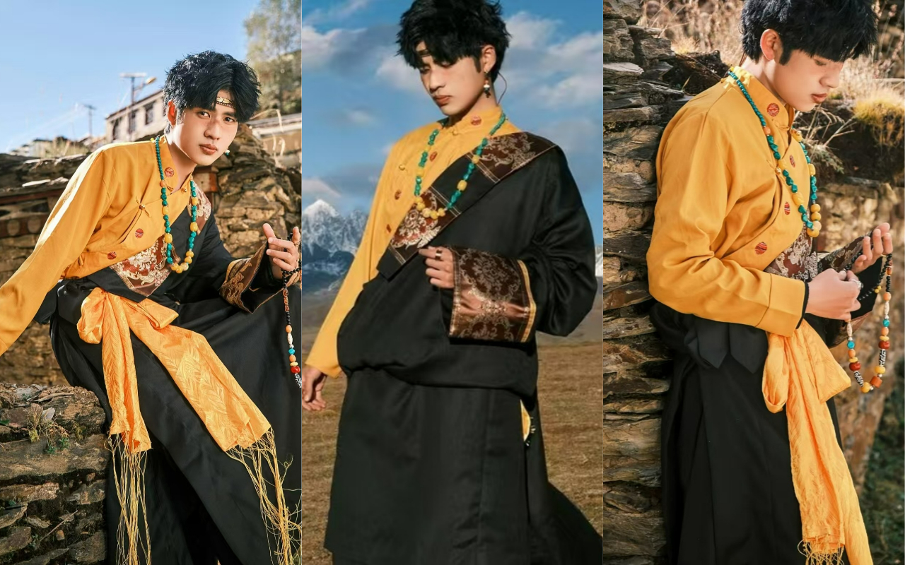 穿黃黑配色藏式男裝的男子，在石牆、遠山背景下，通過不同姿態，展現藏族服飾的硬朗與民族風情