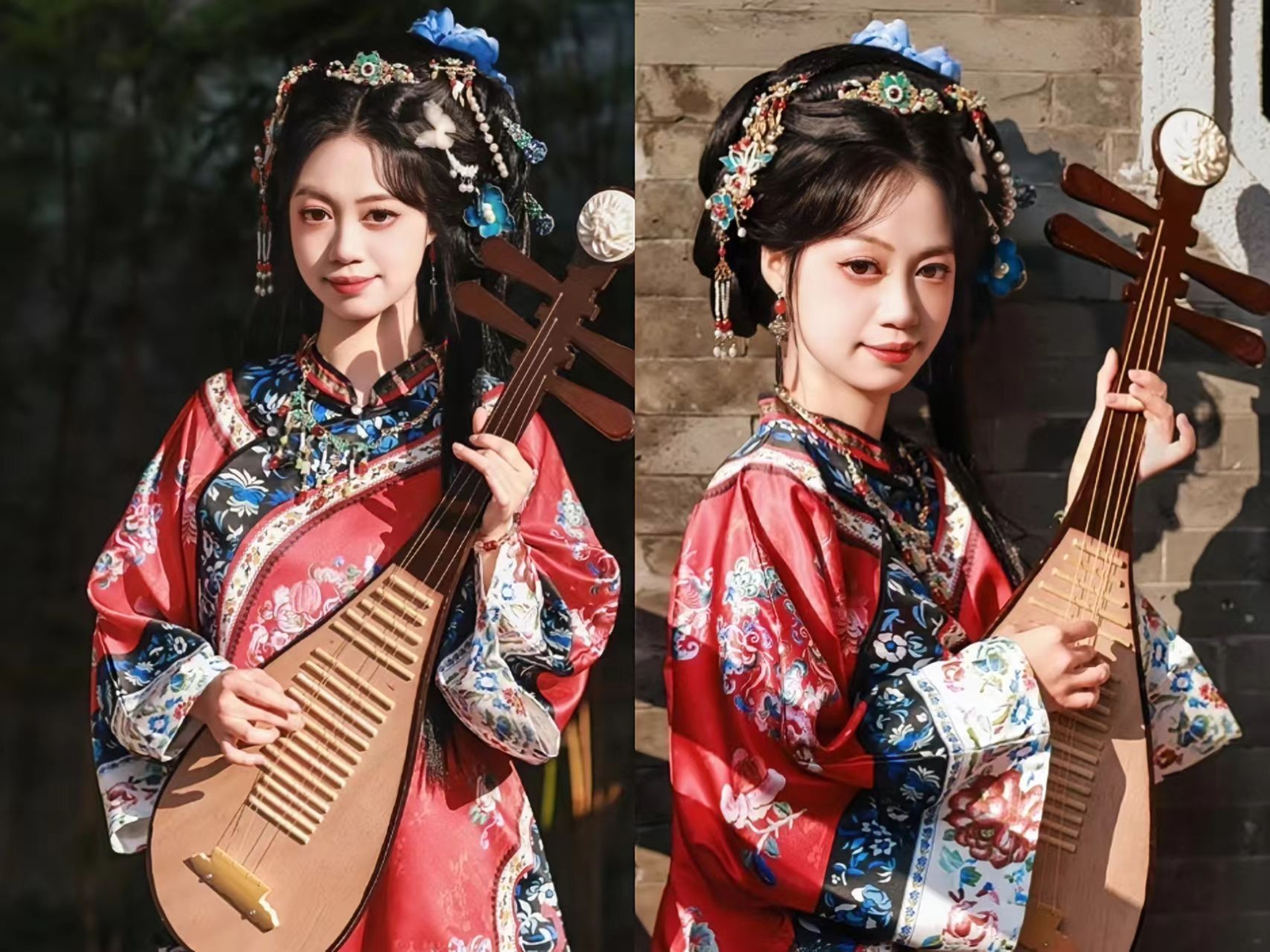 紅底繡花千工服襯得少女明豔嬌俏,手持琵琶,珠翠髮飾點綴髮髻,盡顯清代閨秀的溫婉與貴氣 紅底繡花千工服襯得少女明豔嬌俏,手持琵琶,珠翠髮飾點綴髮髻,盡顯清代閨秀的溫婉與貴氣