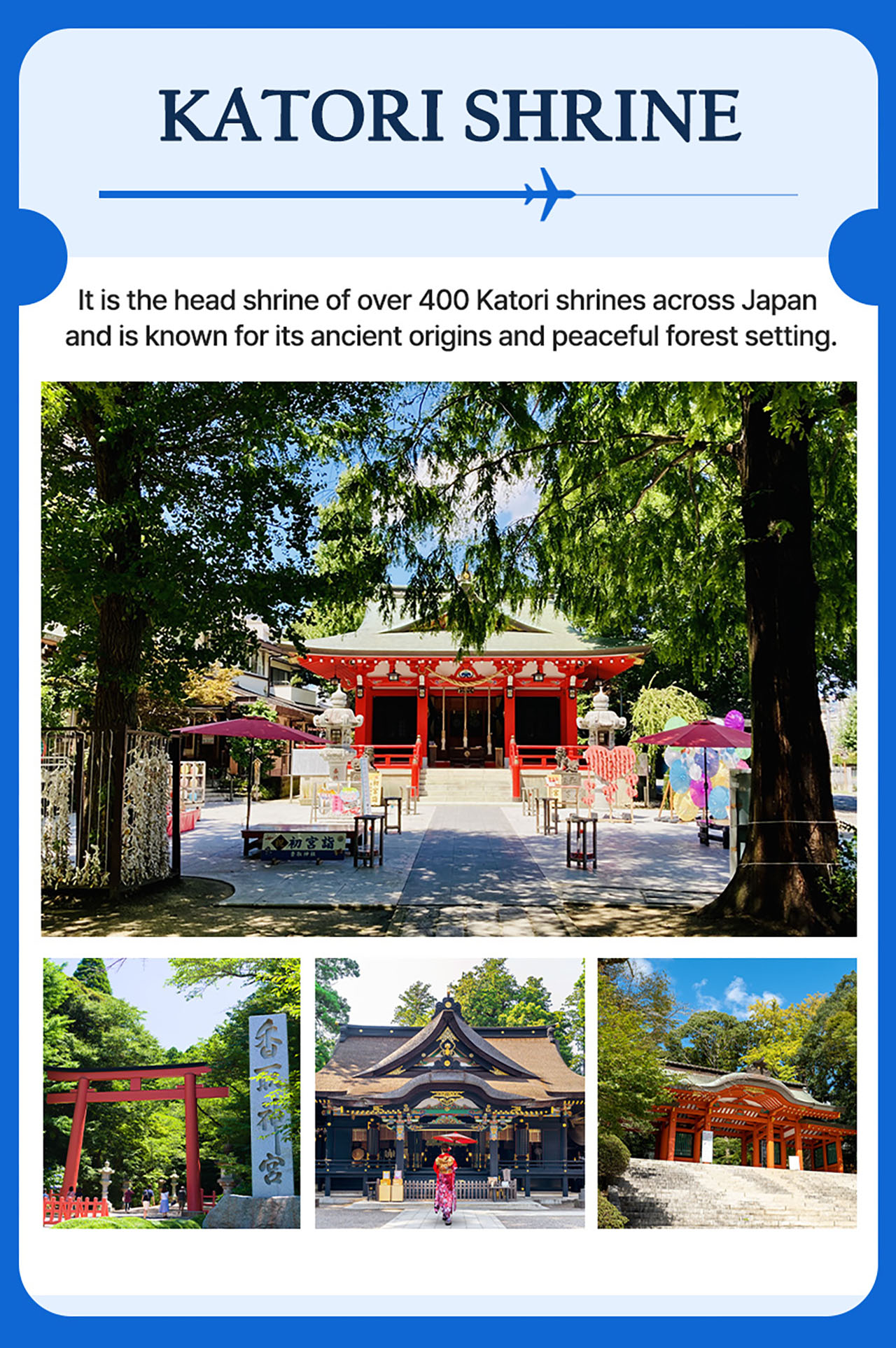 Walk through sacred woods to the tranquil and historic Katori Shrine.