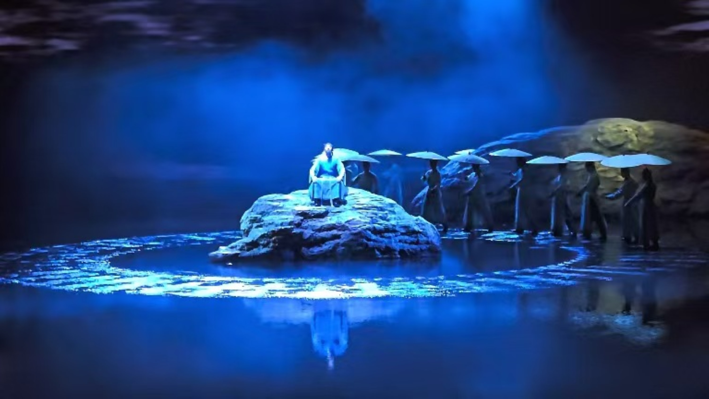 夜色侵染布衣，雨中岩石上，朱熹影沉寒水，默坐如松