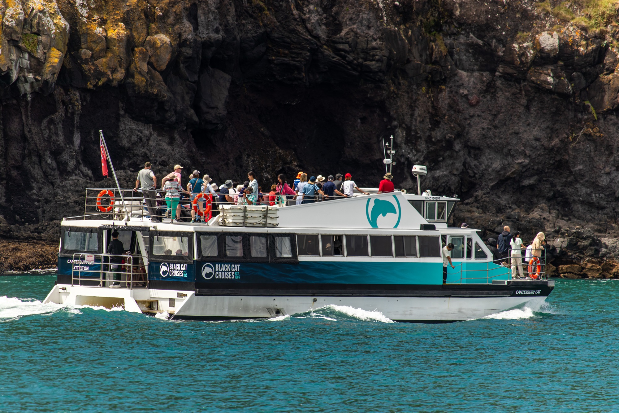 乘客搭乘黑貓遊船(Black Cat Cruises)雙體船在阿卡羅阿港(Akaroa Harbour)享受精彩的生態觀光之旅,四周環繞著火山懸崖。 乘客搭乘黑貓遊船(Black Cat Cruises)雙體船在阿卡羅阿港(Akaroa Harbour)享受精彩的生態觀光之旅,四周環繞著火山懸崖。