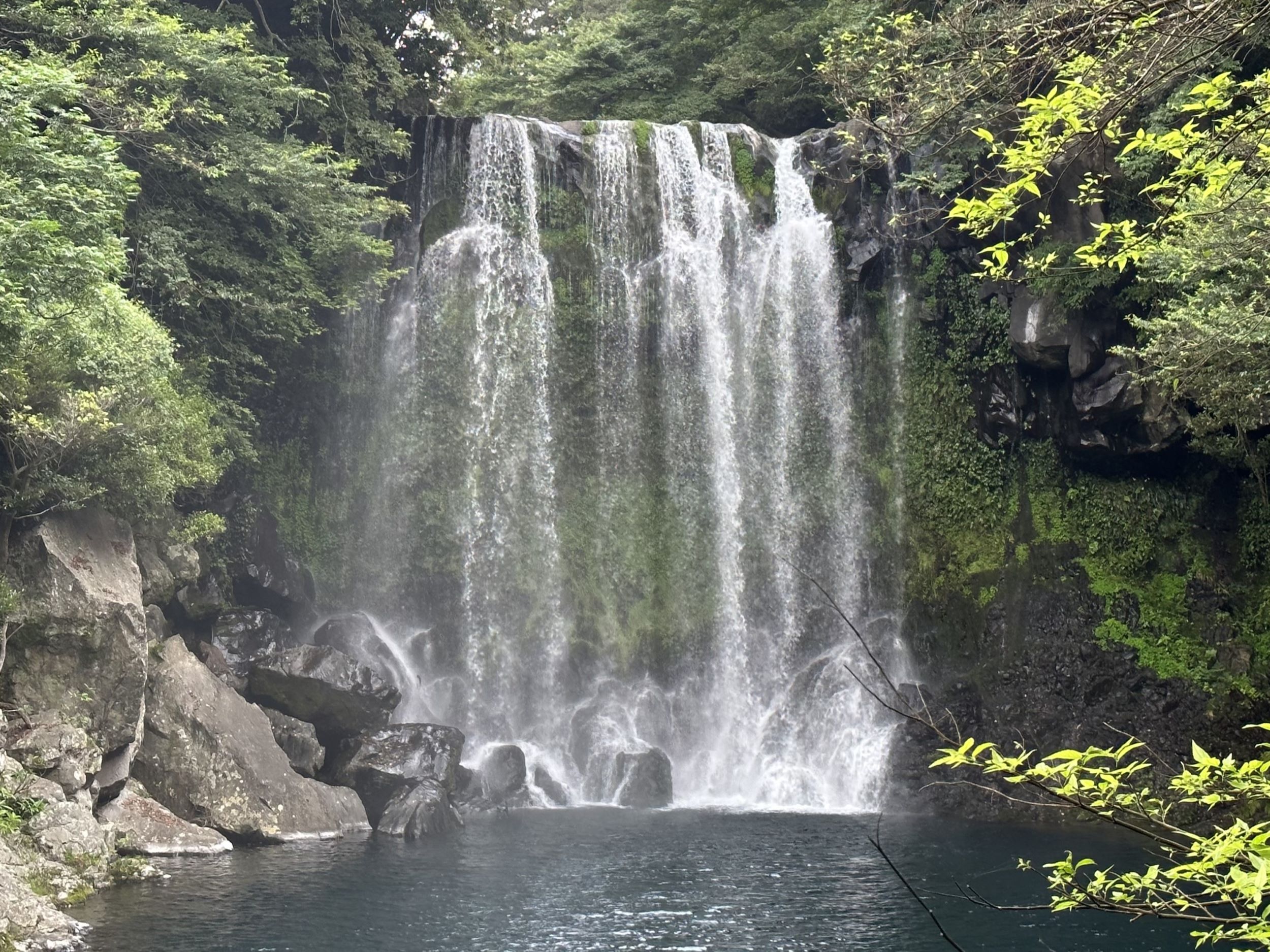 欣賞天帝淵第二瀑布的自然美景，瀑布水流傾瀉而下，形成一片未受破壞的原始奇觀。