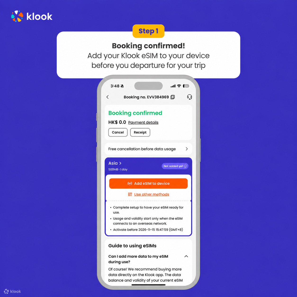 Klook eSIM In-app activation