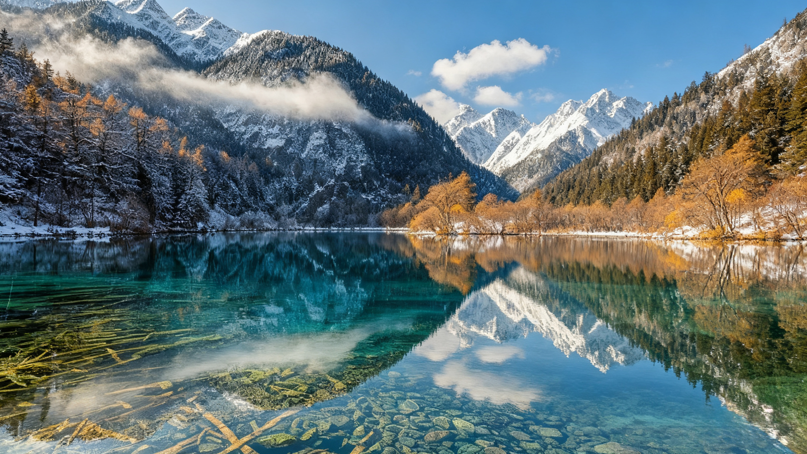 澄澈如鏡的湖水，將雪山、彩林與流雲盡數攬入懷中，這是大自然親手繪就的冬日童話