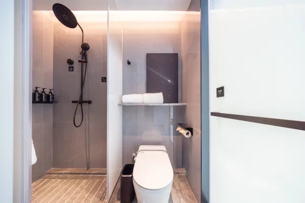 Hotel guest room bathing area interior environment display map