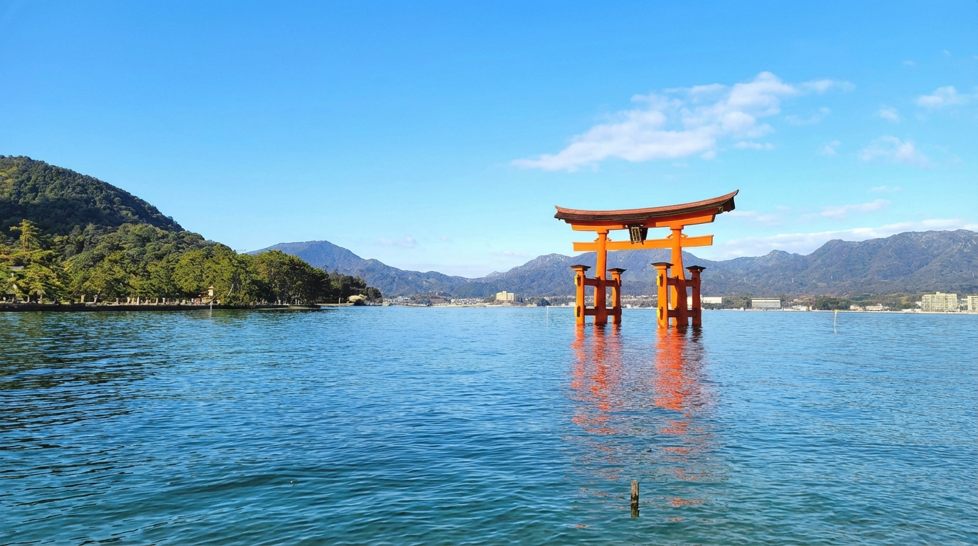 嚴島神社
建於海上，是日本三景之一，以紅色鳥居聞名。神社隨潮汐呈現不同景觀，漲潮時鳥居彷彿漂浮水面，退潮時可近距離觀賞，是宮島最具代表性的地標。