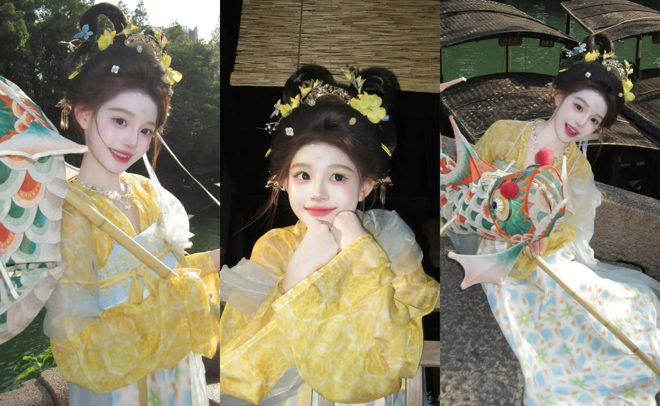 黃色系漢服，清新明豔，搭配精緻髮飾與鯉魚道具，更添靈動