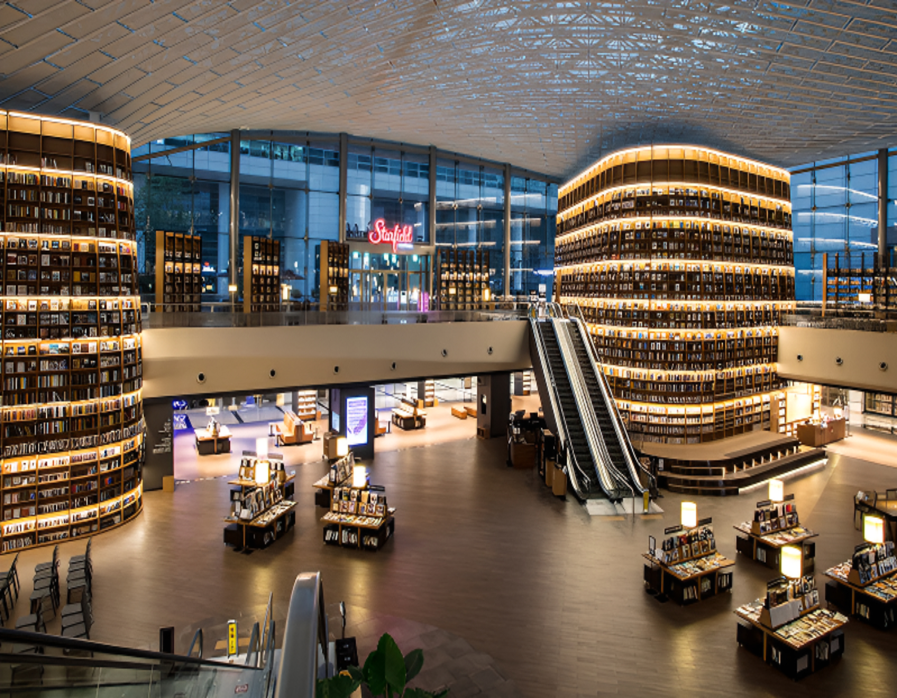 充滿未來感的知識文化空間。在金色燈光照耀下,巨大的書架成為現代首爾的標誌性景點。 充滿未來感的知識文化空間。在金色燈光照耀下,巨大的書架成為現代首爾的標誌性景點。