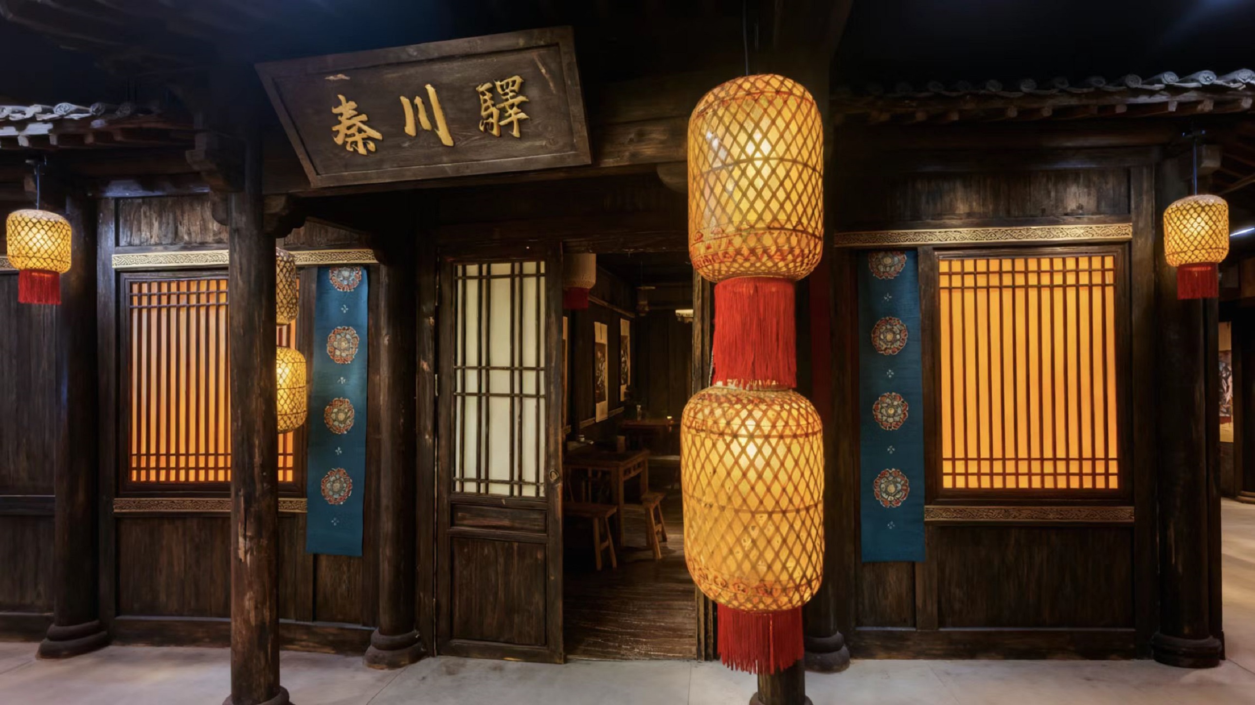 藍底花紋布幔點綴,場景復刻出唐代驛站風貌 藍底花紋布幔點綴,場景復刻出唐代驛站風貌