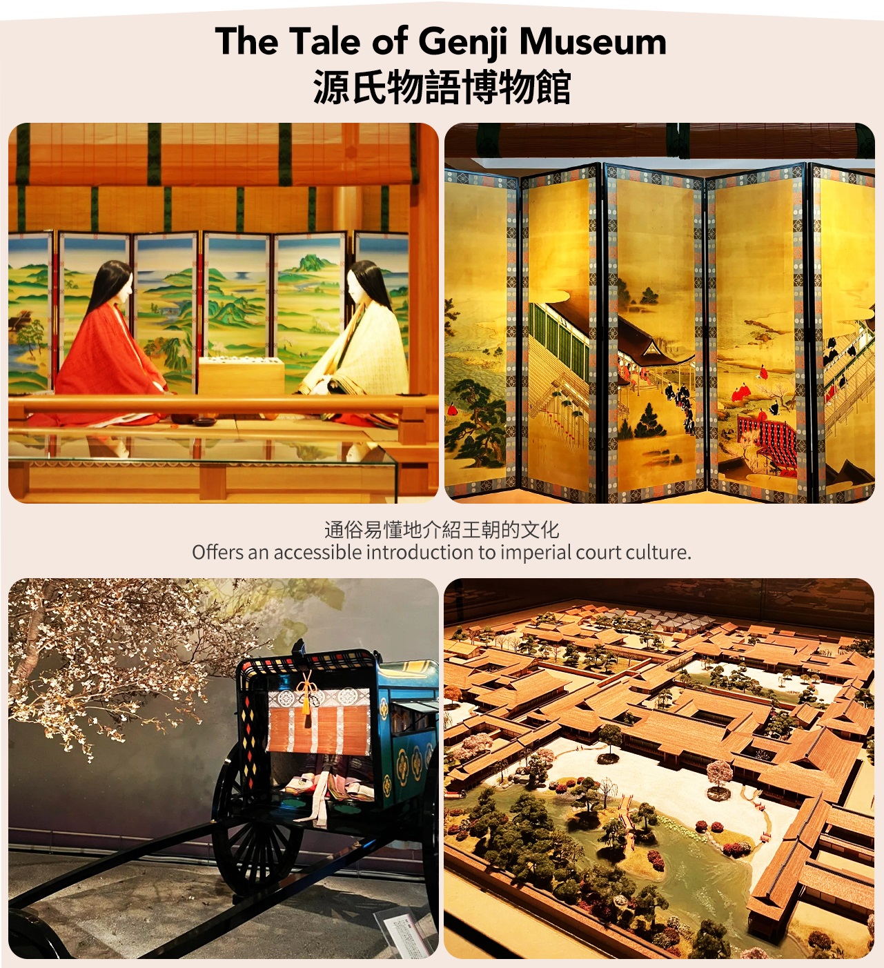 The attraction and outline of The Tale of Genji are introduced with vivid and clear high-definition images using multimedia sound and light effects, and a model of Rokujo-in Temple, which symbolizes the prosperity of Genji, is exhibited.