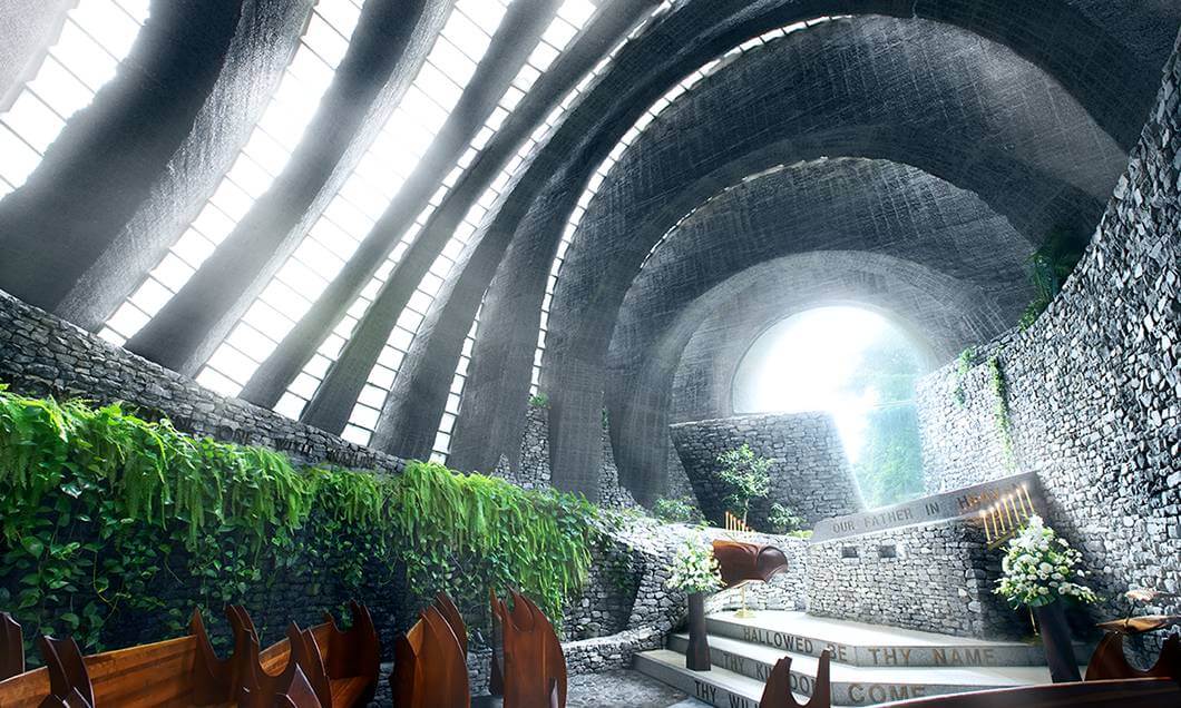 The semi-underground space designed by an American architect combines light, shadow and stone