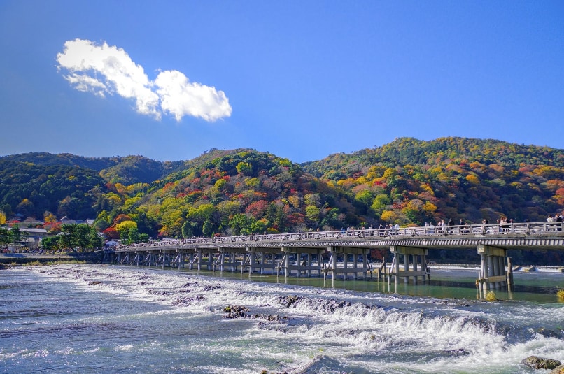 【嵐山渡月橋】＊限【嵐山赤松號散策行程】
是京都嵐山地區的地標性景點， 春櫻爛漫、秋楓滿山、冬雪靄
靄、夏綠蔥鬱，是京都最具人氣的拍照打卡景點之一，橋上、橋下兩側皆風景如畫。