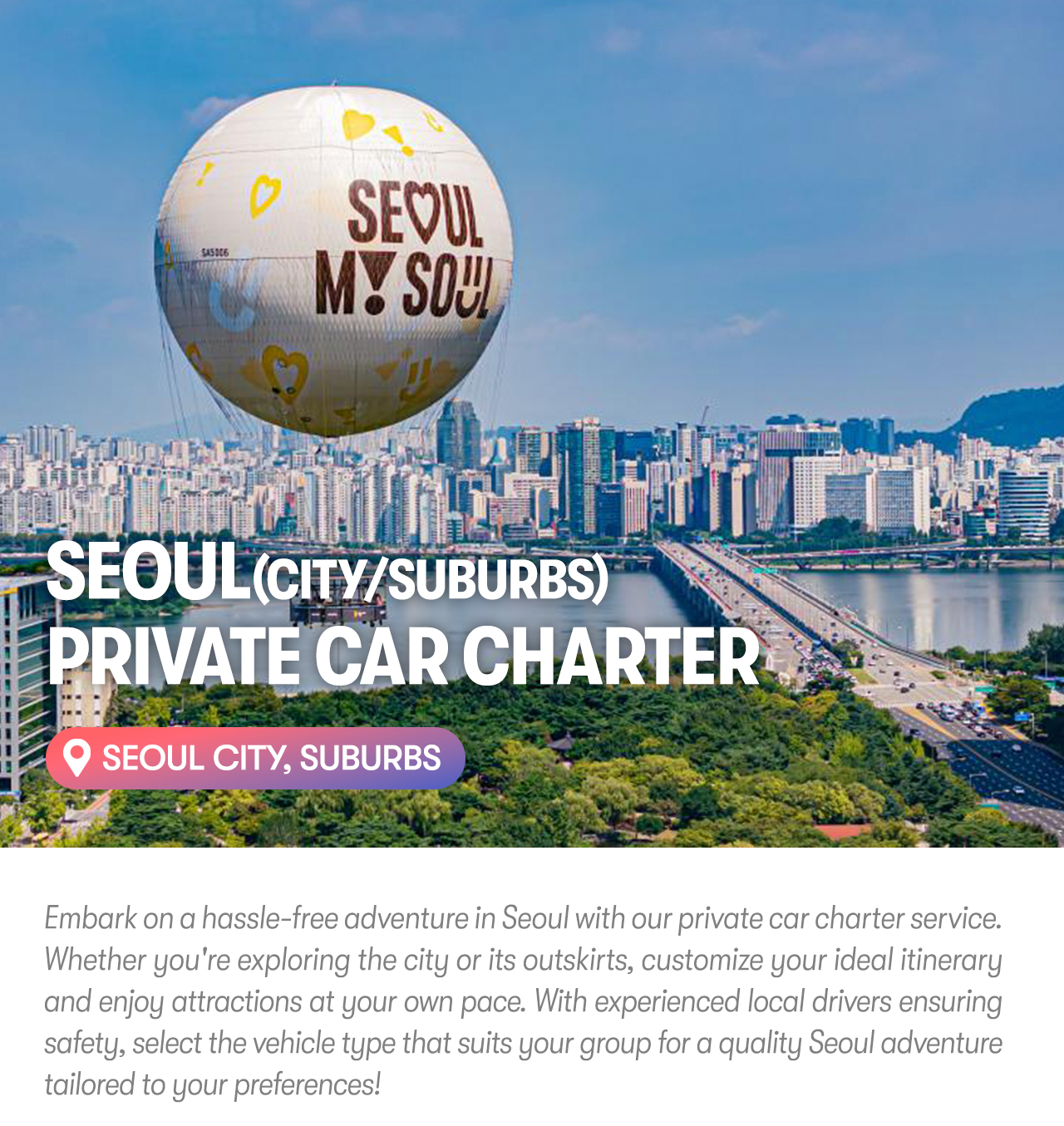 Seoul Car Rental with Driver to Seoul City/Everland/Nami Island/Alpaca World/Gangchon Rail Park