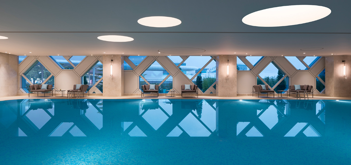 The fitness center has a 25-meter indoor heated swimming pool with steam room, sauna and hot whirlpool.