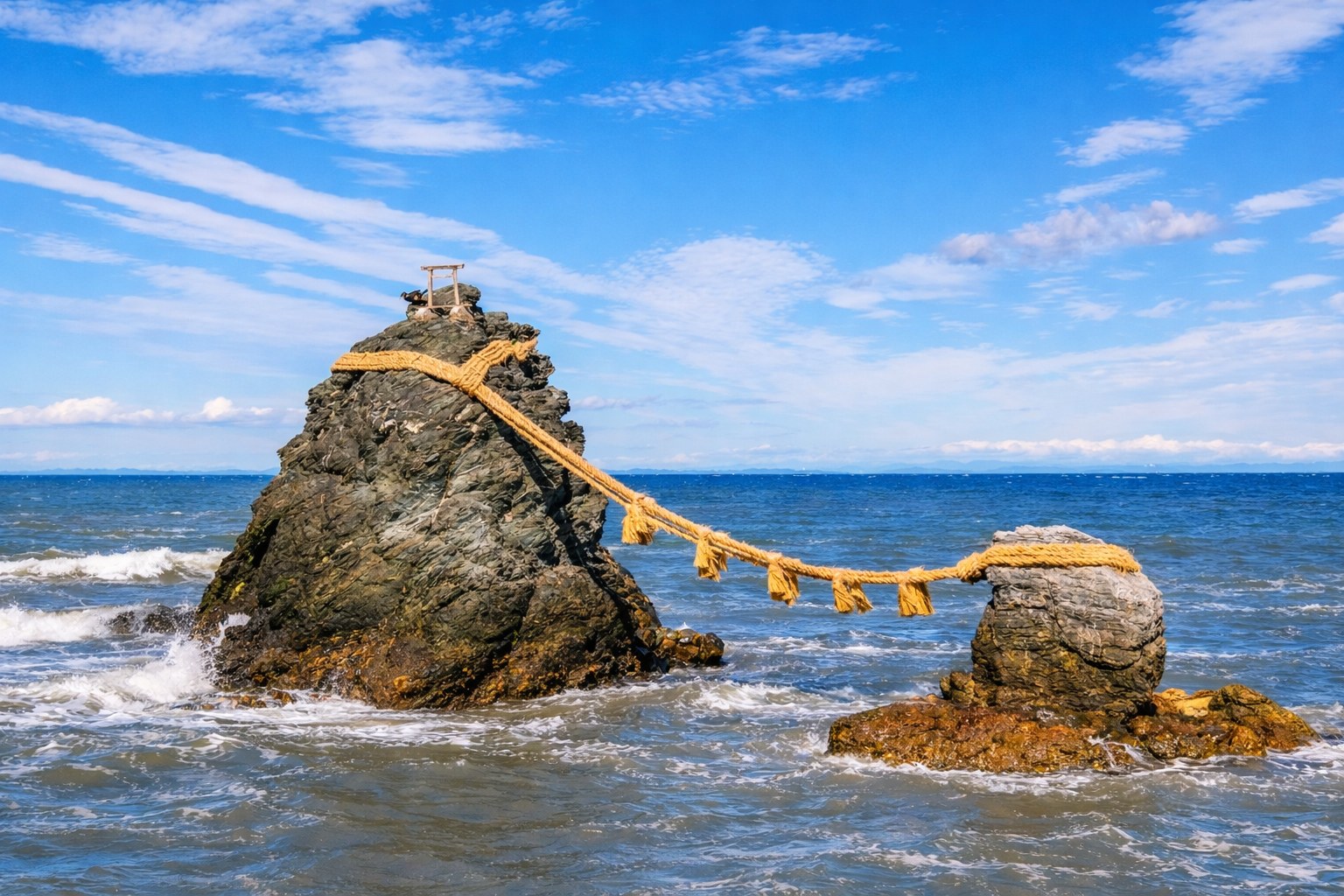 矗立海中的兩塊岩石，由象徵神聖的注連繩相連，被稱為「夫婦岩」，象徵良緣、和諧與圓滿。