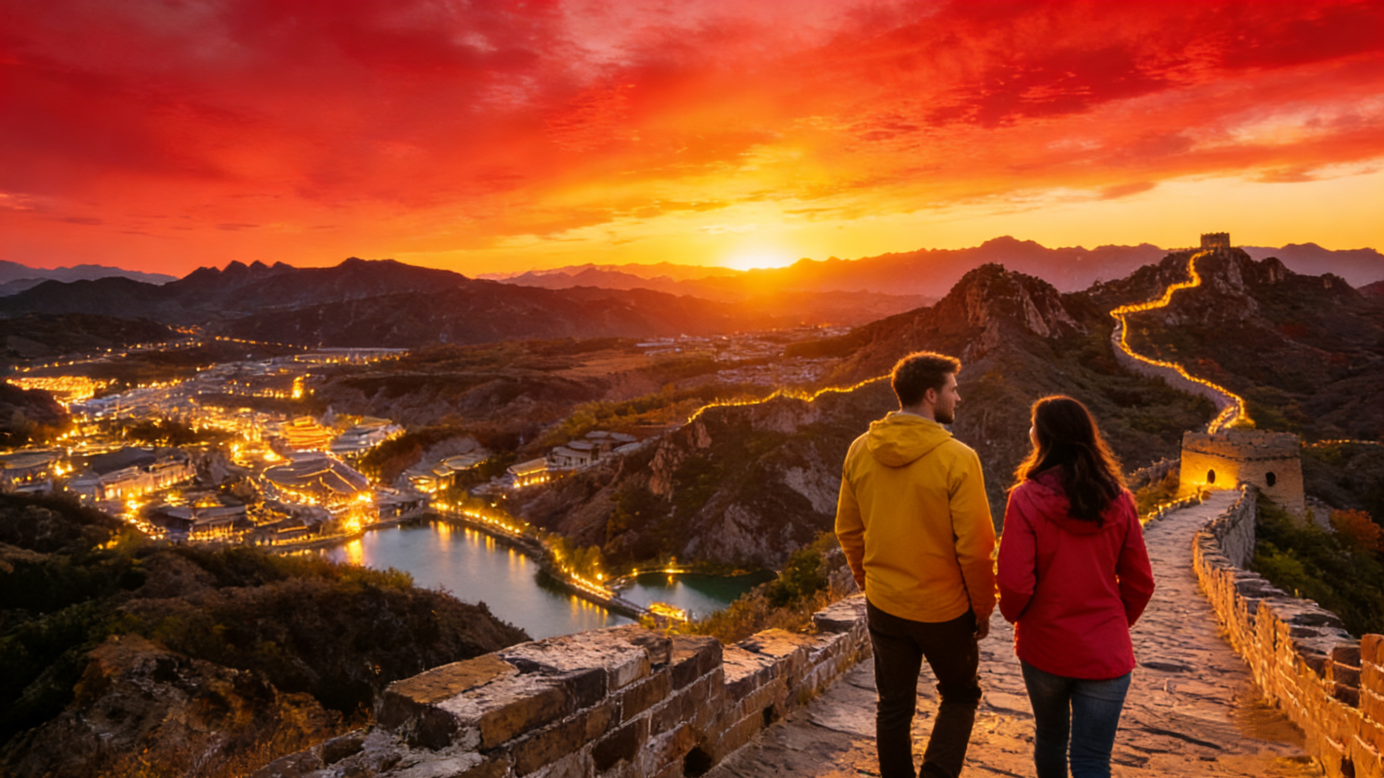 夕陽西下，金色的餘暉輕柔地灑落在古老的烽火台與城牆上，散發出迷人的光芒。在柔和燈籠的照耀下，您將漫步於數百年歷史的明代城牆，感受安全與魔幻氛圍的完美平衡。接著，返回古北水鎮。